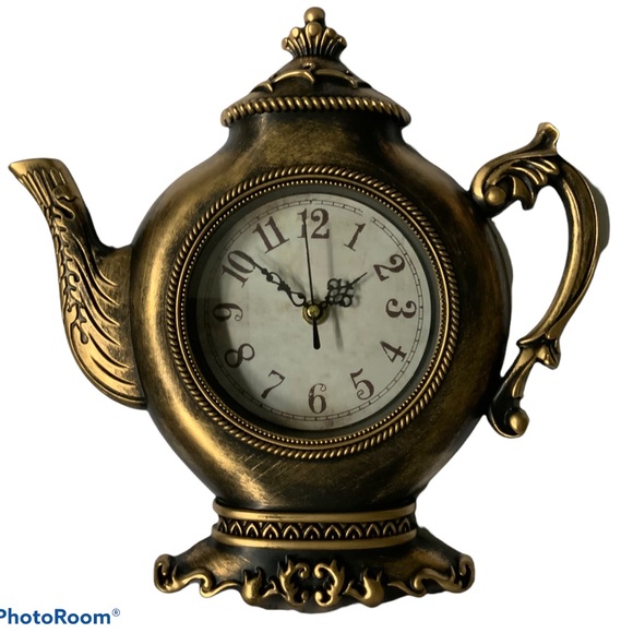 Tea Kettle Clock And Cup Set 3 Pieces Bronze 12” - Picture 2 of 13